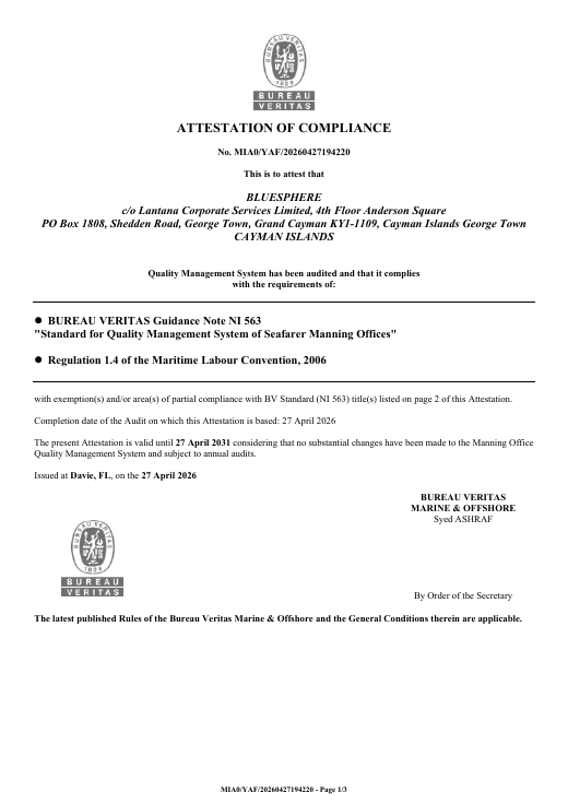 First page of the BlueSphere Bureau Veritas Attestation of Compliance